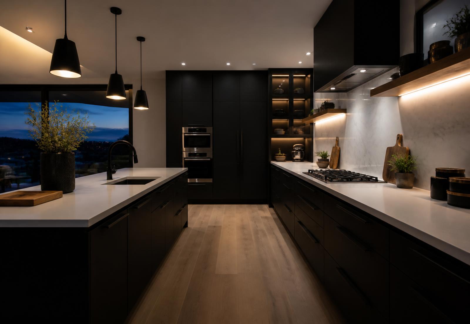 Modern remodeled kitchen with black cabinetry and white counters